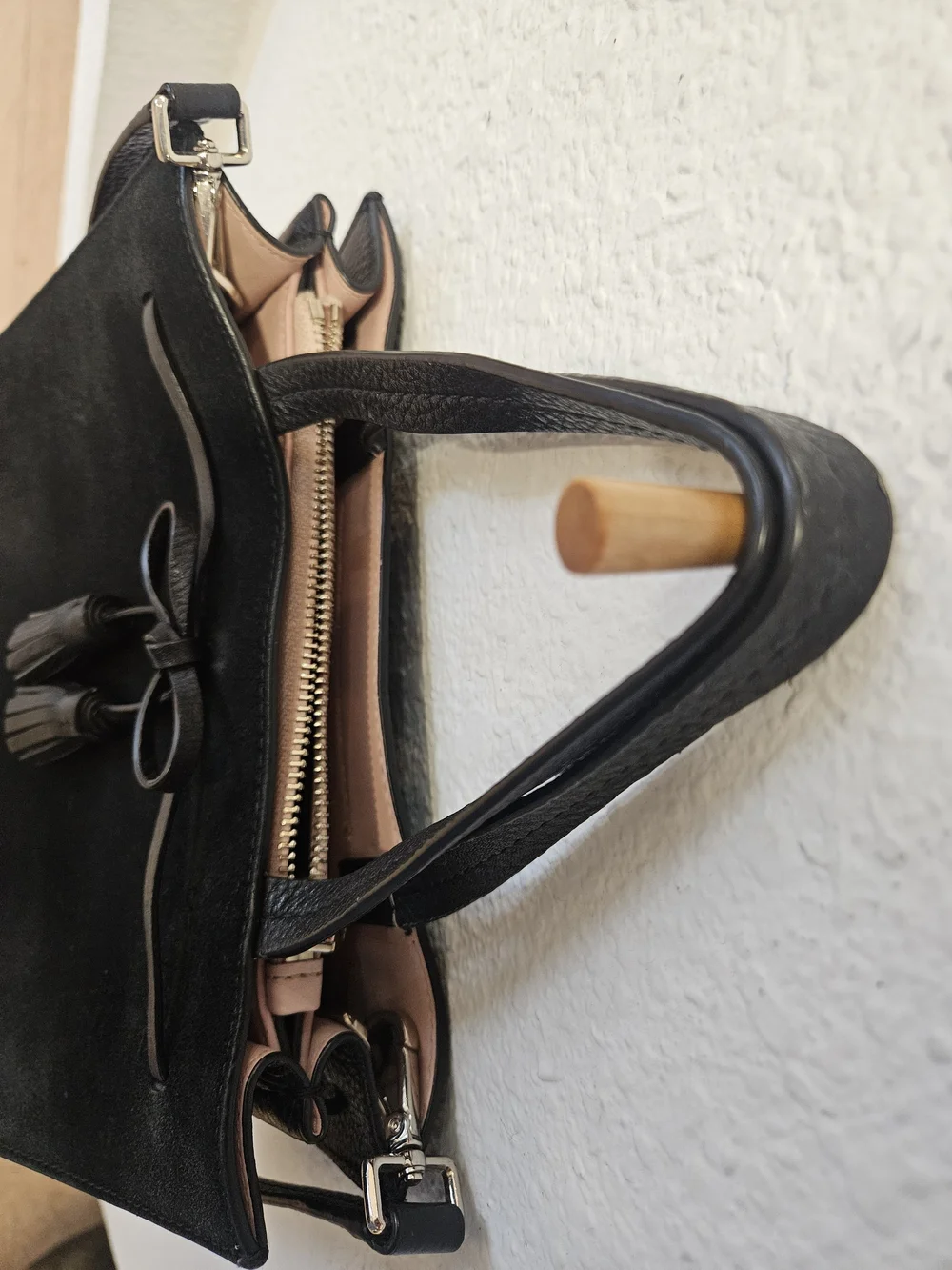 Kate Spade Black Suede Leather Hayes Small Satchel Tassel Bow Handbag